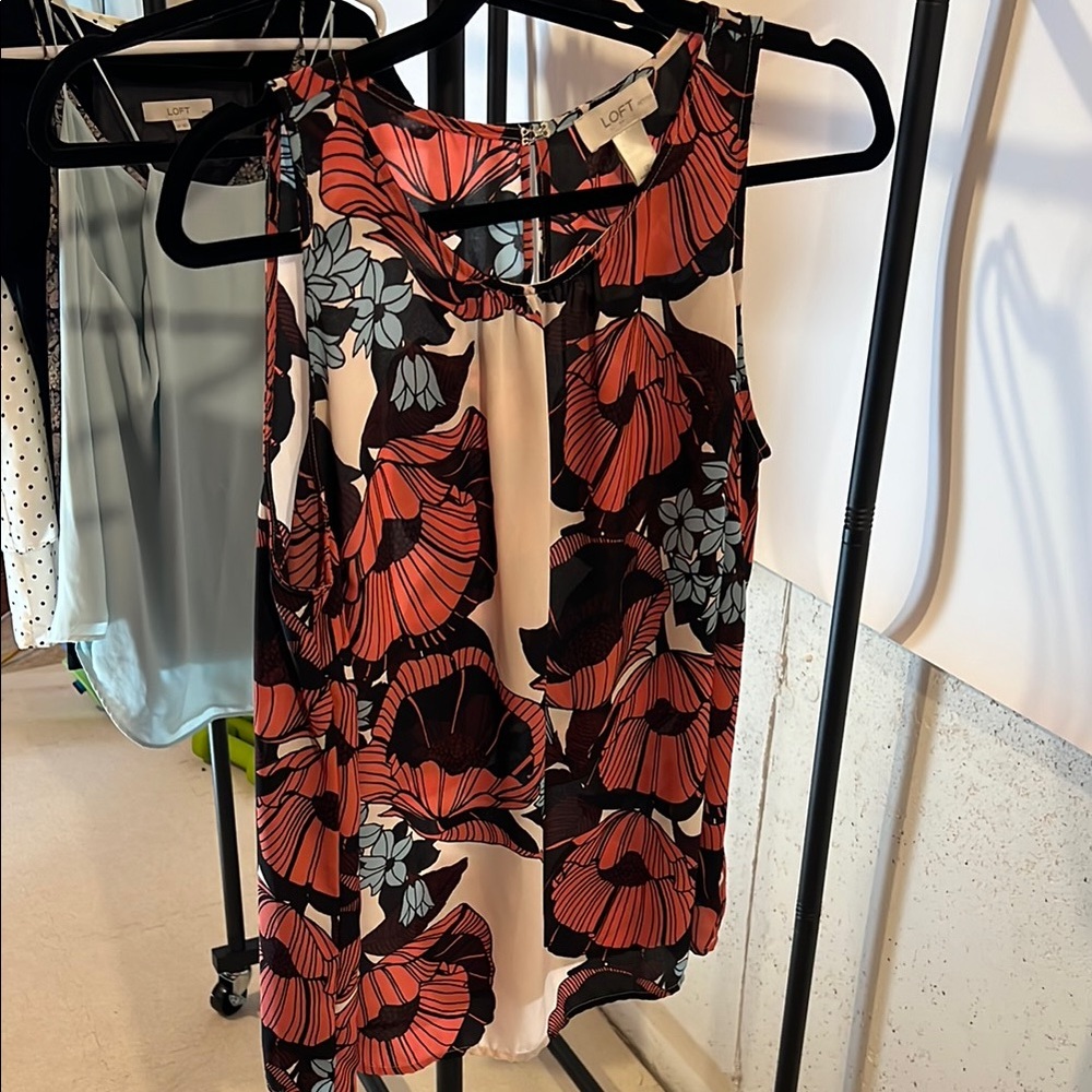 LOFT Coral and Black Floral Sleeveless Top